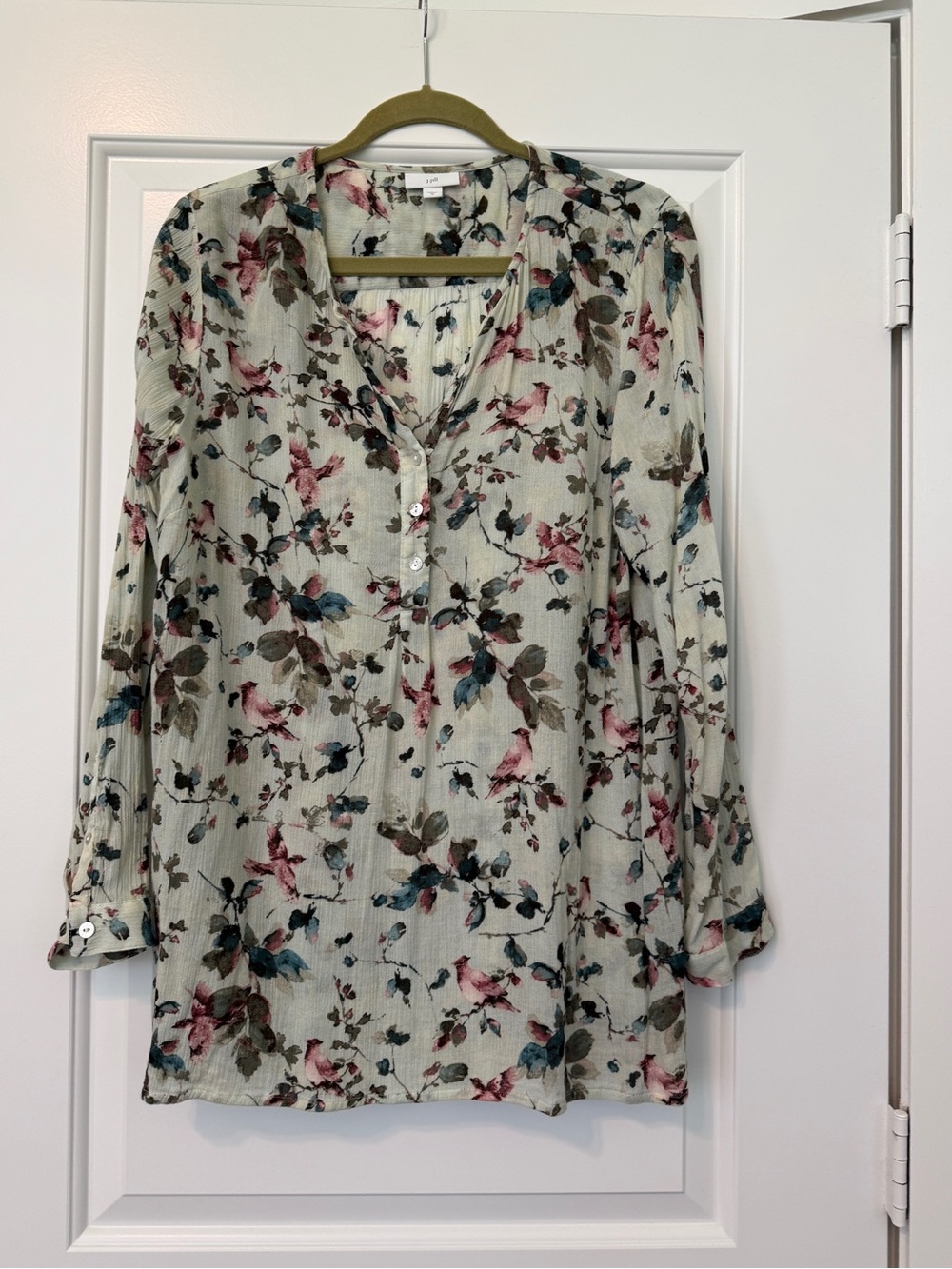 J. Jill Floral V-Neck Tunic Green Blue Rose Pink Long Sleeve Cotton Blend Medium